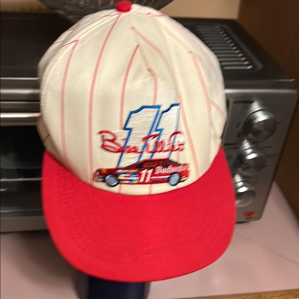 Bill Elliott 11 Budweiser Cap White red pin stripes Red Brim and Embroidered Car - Picture 2 of 12